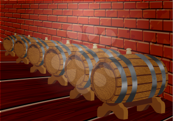 dark cellar with wine wooden barrels. vector illustration
