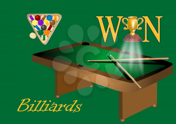 billiards table and balls with inscription win