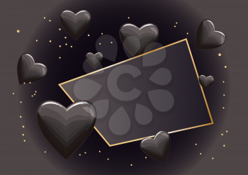 frame with black hearts and glitter on dark background