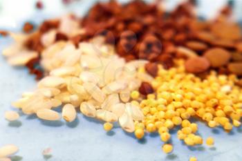 background with cereals Raw organic cereal grains, seeds and beans