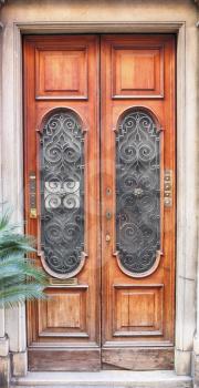 antique door with window and wrought iron grille
