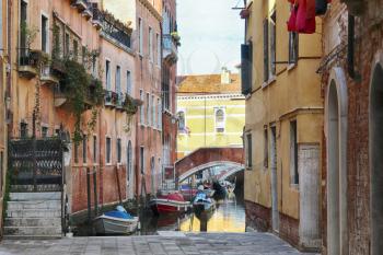 canal of Italy with boat. Venice