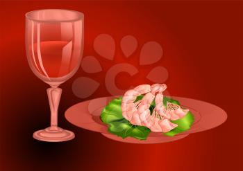 prawns with wine. wine glass with plate of prawns on red tabelecloth