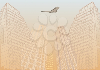travel by airplane. illustration of airplane flying over sketch of building