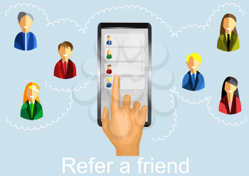 Refer a friend concept. Hands holding phone with contacts of friends
