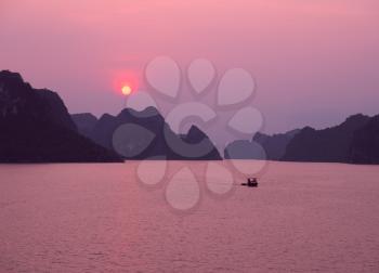 Purple sunset in Halong Bay, Vietnam, Southeast Asia