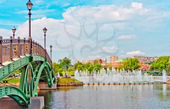 Big fountain and green bridge and  in Tsaritsino park, Moscow, Russia, East Europe