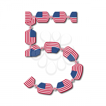 Number 5 made of USA flags in form of candies on white background, Vector Illustration
