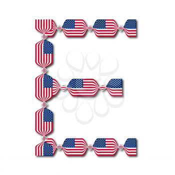 Letter E made of USA flags in form of candies on white background
