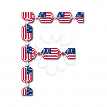 Letter F made of USA flags in form of candies on white background
