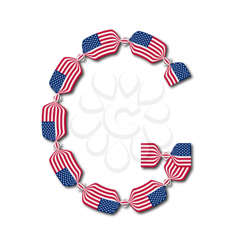 Letter G made of USA flags in form of candies on white background
