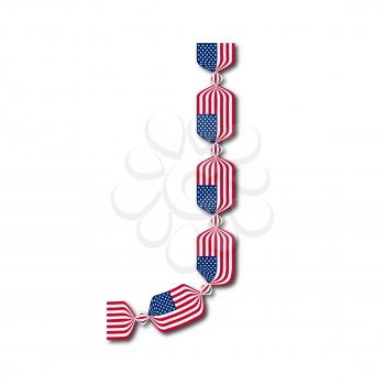 Letter J made of USA flags in form of candies on white background
