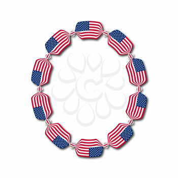 Letter O made of USA flags in form of candies on white background
