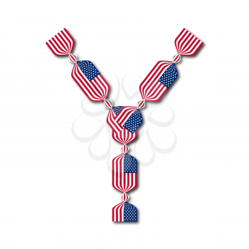 Letter Y made of USA flags in form of candies on white background
