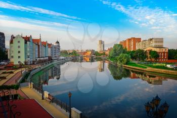 Beautiful morning view of the center of Kaliningrad and Pregolya River, Russia, Europe