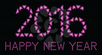Happy New Year 2016 made from pink hearts on black background