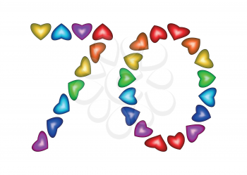 Number 70 made of multicolored hearts on white background