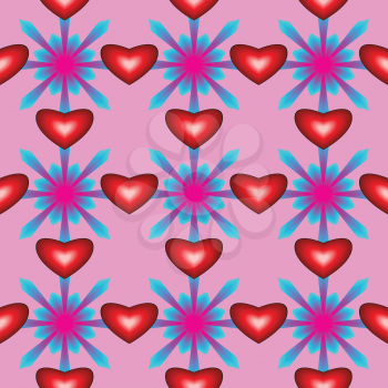 Seamless pattern with hearts and flowers on pink background
