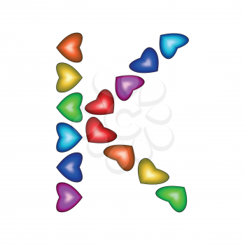 Letter K made of multicolored hearts on white background