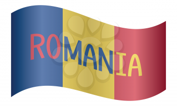 Romanian flag waving with word Romania on white background