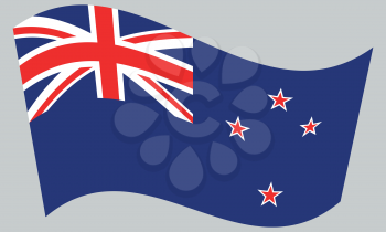 Flag of New Zealand waving on gray background. New Zealand national flag.
