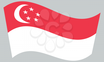 Flag of Singapore waving on gray background. Singapore national flag.