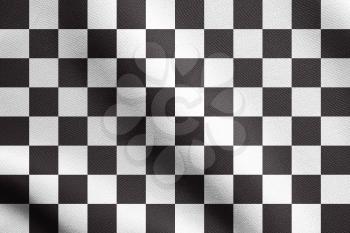 Checkered racing flag waving in the wind with real detailed fabric texture. Textile flag of end of car race. Black and white background.