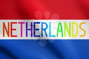 Flag of the Netherlands waving in the wind with detailed fabric texture. Multicolored word Netherlands.
