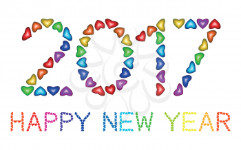 New Year 2017 made from multicolored hearts isolated on white background. Numbers of year 2017. Rainbow greeting card. Happy holidays colorful design for banners, posters, flyers, calendar. Vector