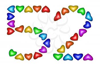 Number 52 of colorful hearts on white. Symbol for happy birthday, event, invitation, greeting card, award, ceremony. Holiday anniversary sign. Multicolored icon. Fifty two in rainbow colors.