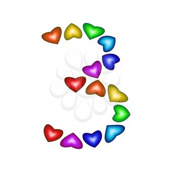 Number 3 of colorful hearts on white. Symbol for happy birthday, event, invitation, greeting card, award, ceremony. Holiday anniversary sign. Multicolored icon. Three in rainbow colors.