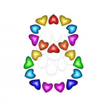 Number 8 of colorful hearts on white. Symbol for happy birthday, event, invitation, greeting card, award, ceremony. Holiday anniversary sign. Multicolored icon. Eight in rainbow colors.