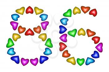 Number 86 of colorful hearts on white. Symbol for happy birthday, event, invitation, greeting card, award, ceremony. Holiday anniversary sign. Multicolored icon. Eighty six in rainbow colors.