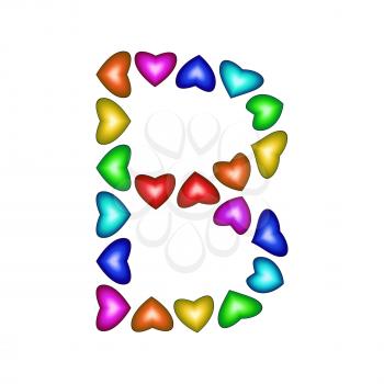 Letter B made of multicolored hearts on white background