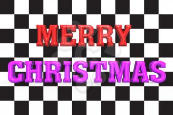 Merry Christmas inscription made of red and purple letters on checkered black and white background. Greeting card. Happy holidays design for banner, poster, flyer, invitation. 3D rendered illustration