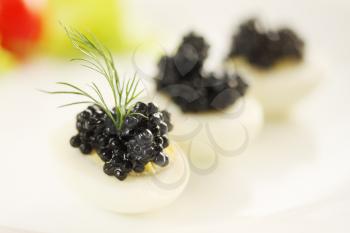 Black caviar on a quail egg and dill