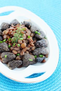 Lentil stew with morel mushrooms and onions