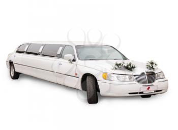 White wedding limousine decorated with bouquets, isolated