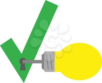 Vector yellow light bulb with key and green check mark with keyhole.