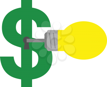 Vector yellow light bulb unlocking dollar symbol with keyhole.