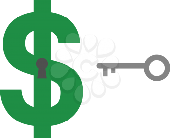 Vector green dollar symbol with keyhole and grey key.