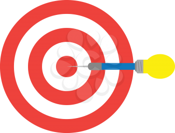 Vector red bullseye target and yellow blue light bulb dart is in the center.