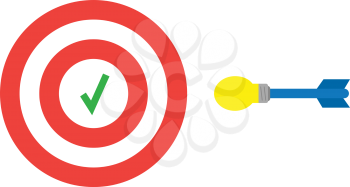 Vector red bullseye target with check mark and yellow blue light bulb dart.