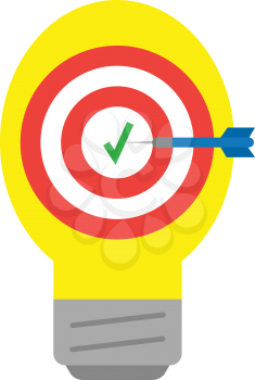 Vector yellow light bulb with red bullseye target with check mark and blue dart is in the center.