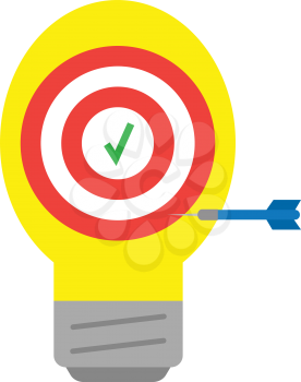 Vector red bullseye and yellow light bulb with green check mark and blue dart is in the side.