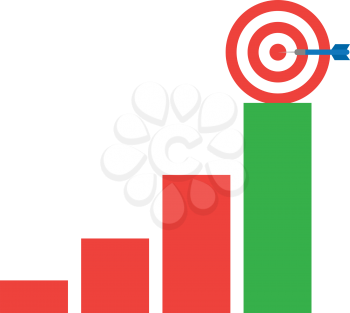 Vector red bullseye target and blue dart is in the center on top of business bar chart.