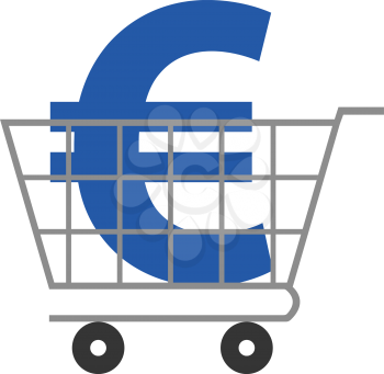 Vector blue euro symbol inside grey shopping cart.