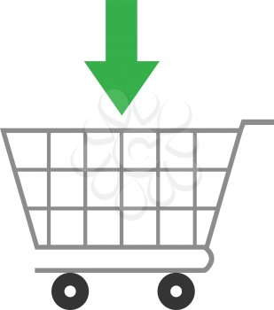 Vector green arrow pointing down above grey shopping cart.