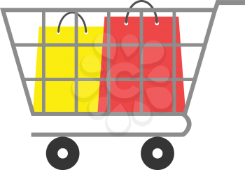 Vector yellow and red shopping bag inside grey shopping cart.