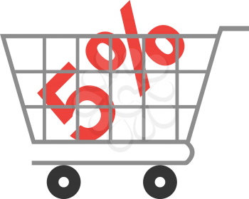 Vector red 5 percent symbol inside grey shopping cart.